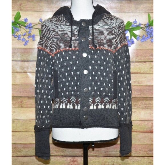 Free People Ladies Gray On My Way Hoodie Knit Sweater Size XS Mixed Print Wool - Picture 5 of 15